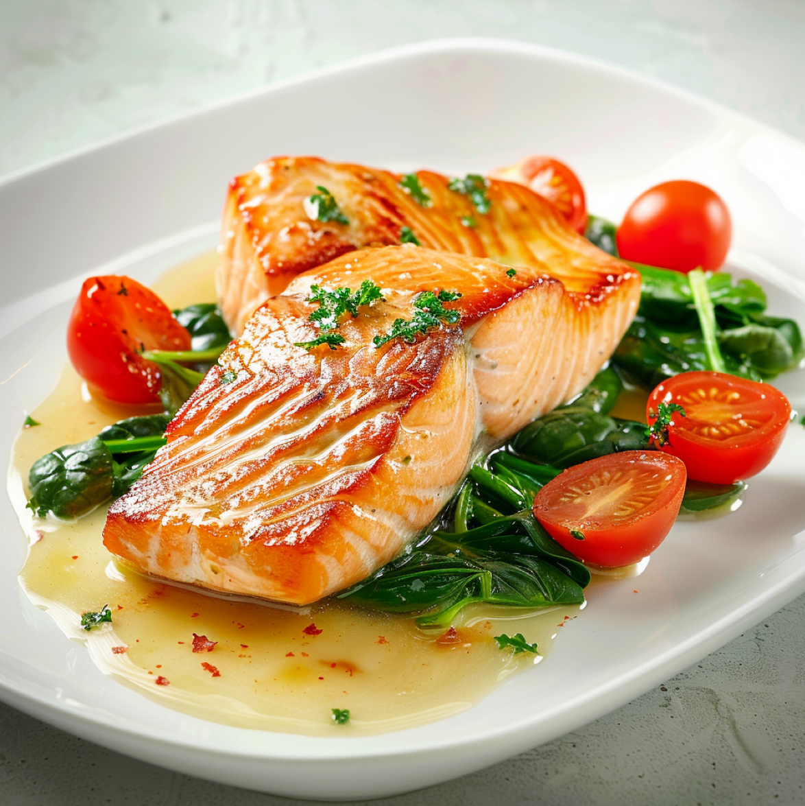 Salmon Scampi with Grape Tomatoes and Spinach